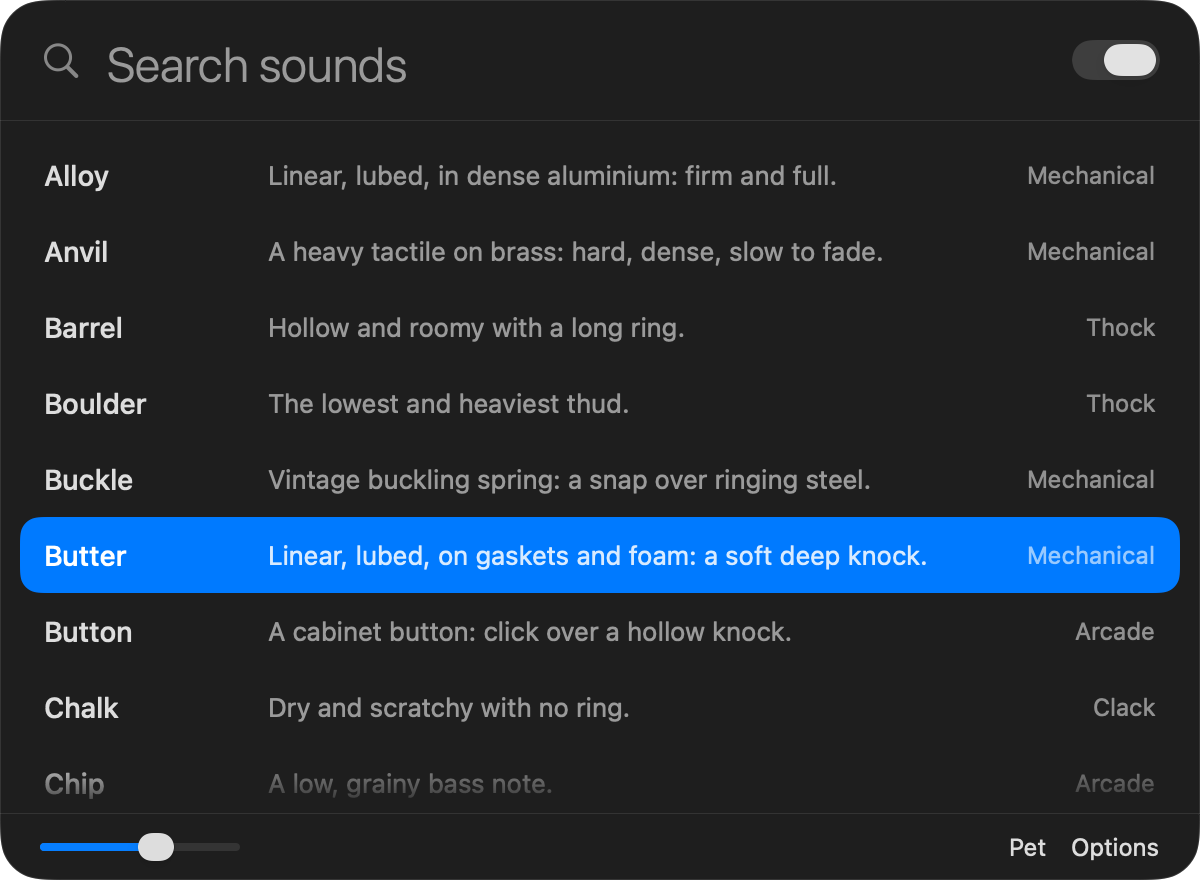 The Teclo window in dark mode: a search field, a list of sound packs with the Butter pack selected, a volume slider, and buttons for the pet and the options.